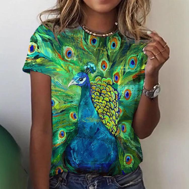 

Summer Round Neck 3D Peacock Pattern Print Top Fashionable Casual Short Sleeved Women s T-shirts S