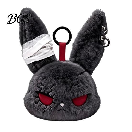 Stress Relief Plush Doll with Metal Hanging Loop, Dark Style Rabbit Pendant Bandage Stitched Keychain Toy, Funny Expression Doll, Collectible Toy Loop