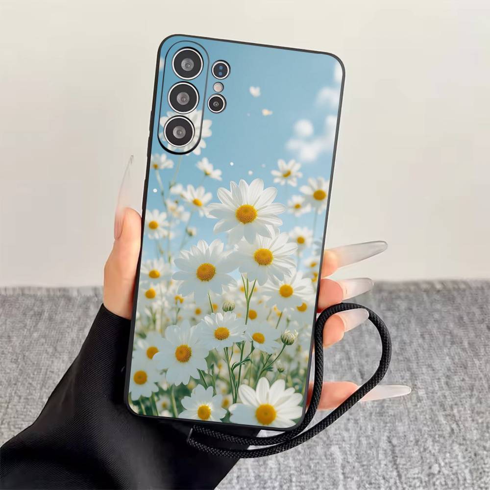 

Чехол для телефона с ромашками для Samsung S25, S24, S21, S22, S23, S30, Ultra, S20, Plus, Fe, Lite, Note, 10, Черный чехол Samsung S20plus5G