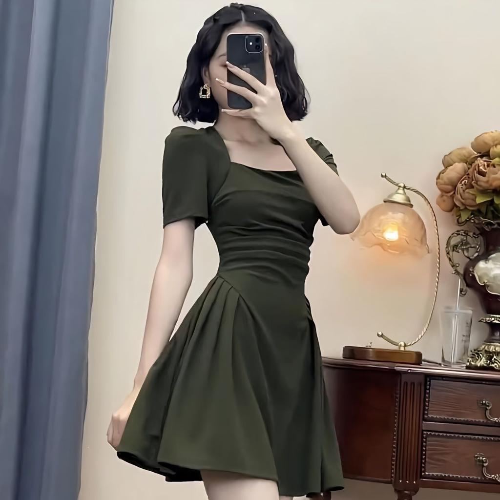High-end French Square Neck Dress Women's Summer New Niche Waist and Thin Small A-word Short Skirt