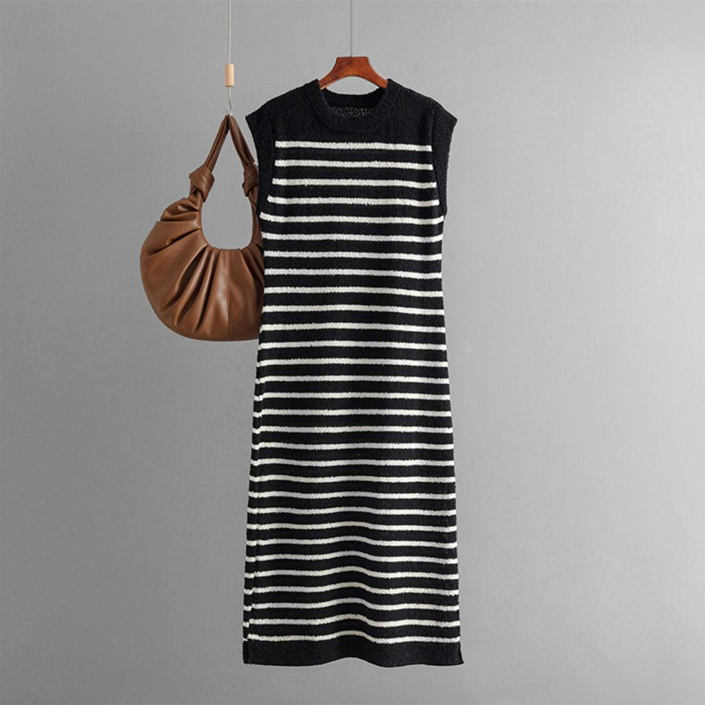 Women's Fashionable Round Neck Slim Knit Striped Vest Casual Long Dress