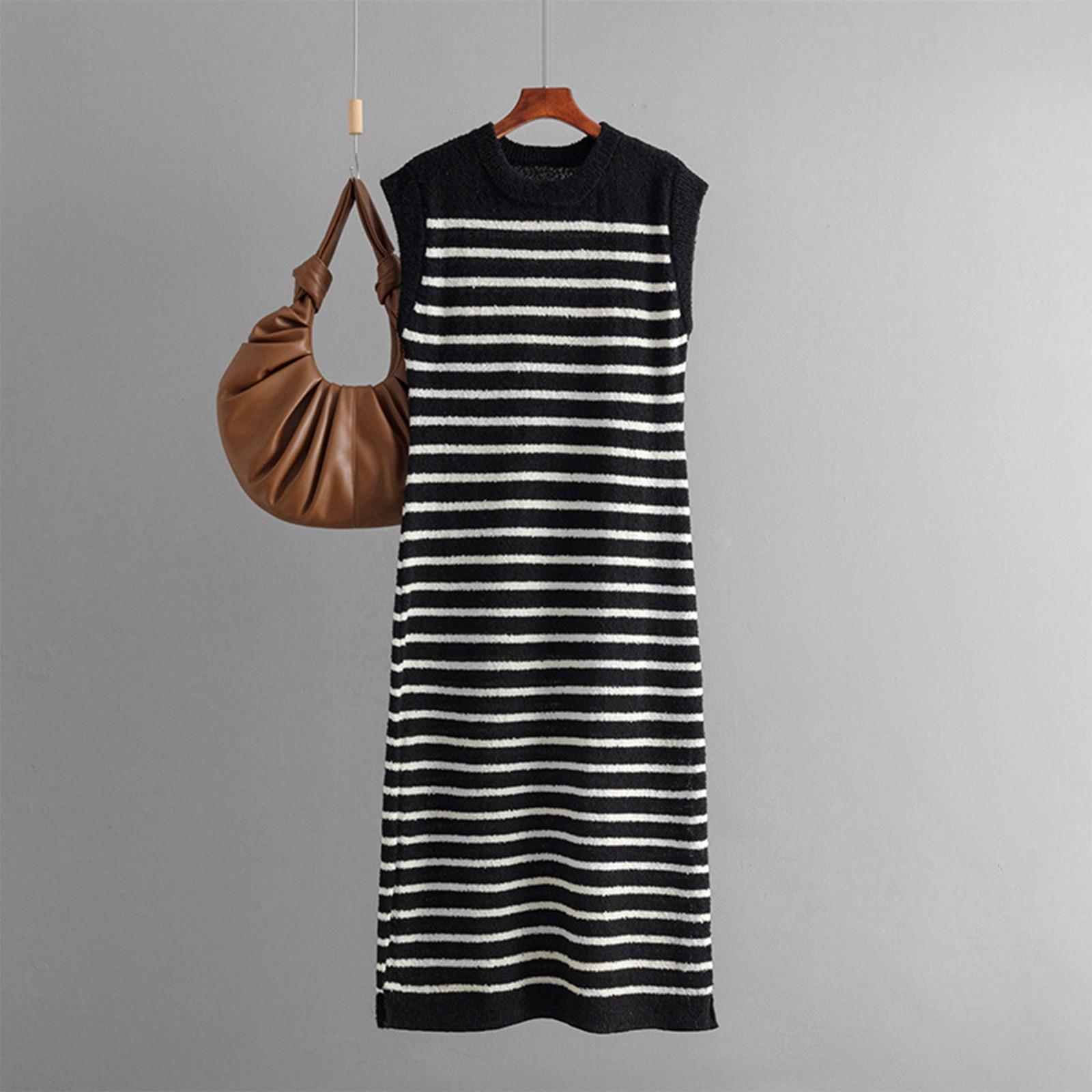 

Women s Fashionable Round Neck Slim Knit Striped Vest Casual Long Dress One Size чёрный