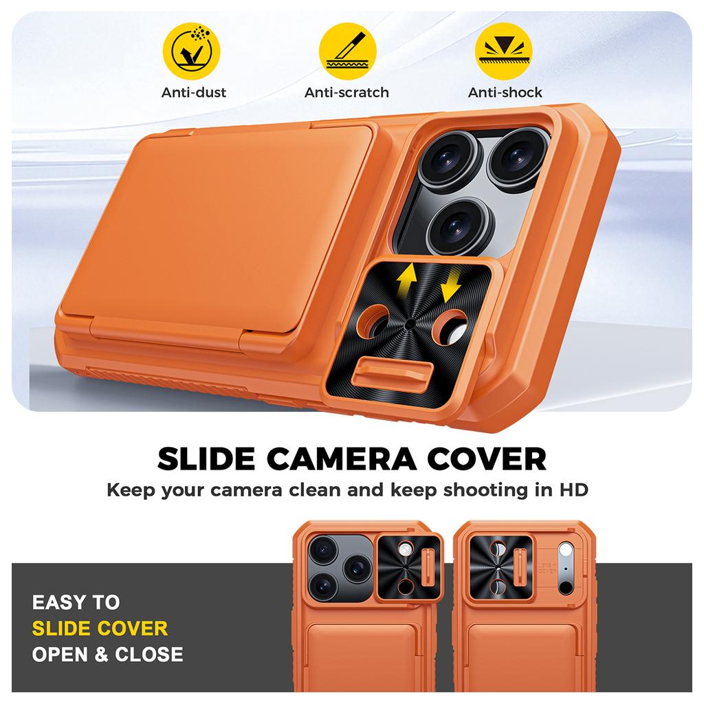 Shockproof Protective Wallet Case with Card Holder, Kickstand and Sliding Camera Cover for iPhone 17 Pro-Orange