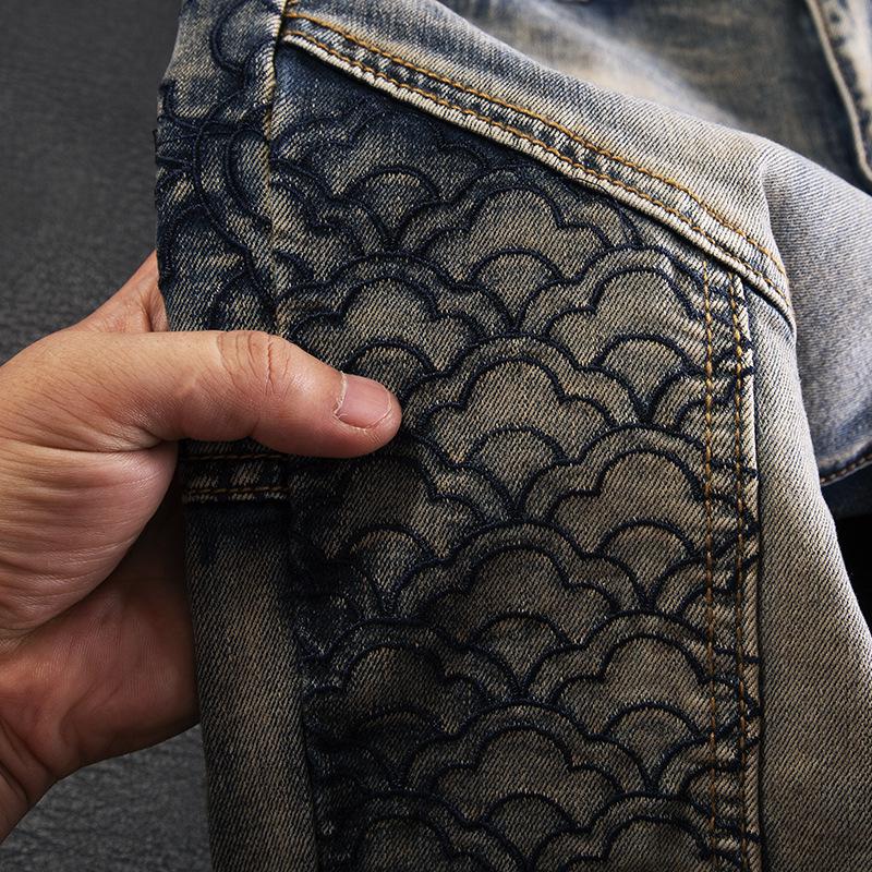Men's Slim-Fit Retro Embroidered Motorcycle Jeans