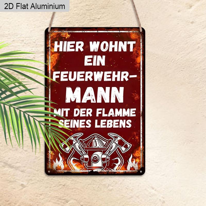 2D Flat 1pc Vintage German Firefighter Aluminium Wall Art Sign, 8x12 Aluminium Rustic Home Decor Fire Station