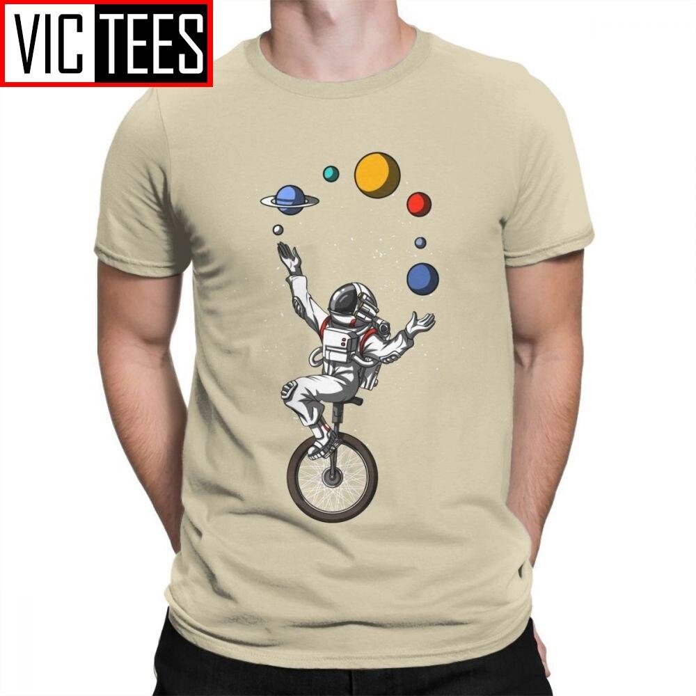 Man Men T Shirts Space Astronaut Riding Bicycle Juggling Solar System Planets Funny Short Sleeves Tees Tops Cotton T-Shirt