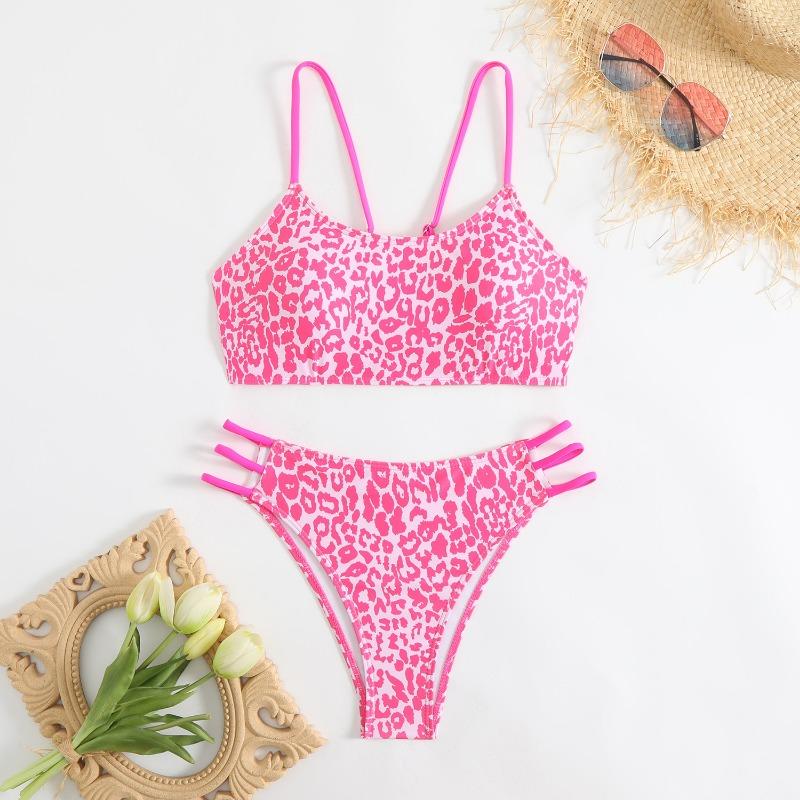 Women's Leopard Print Thin Strap Top & Multi-Strap High Waist Two-Piece Bikini Swimsuit