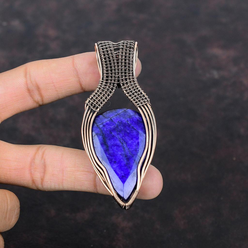 Faceted Blue Sapphire Pendant Copper Wire Wrapped Gemstone Pendant Handmade Copper Jewelry Designer Pendant Wire Wrap Jewelry Gift For Women