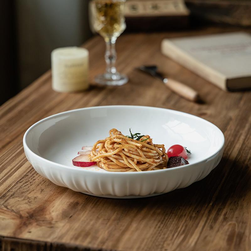 Retro Style Simple Ceramic Deep Plate High Sense Household Dish Round Pure White Restaurant Steak Pasta Plate Tableware