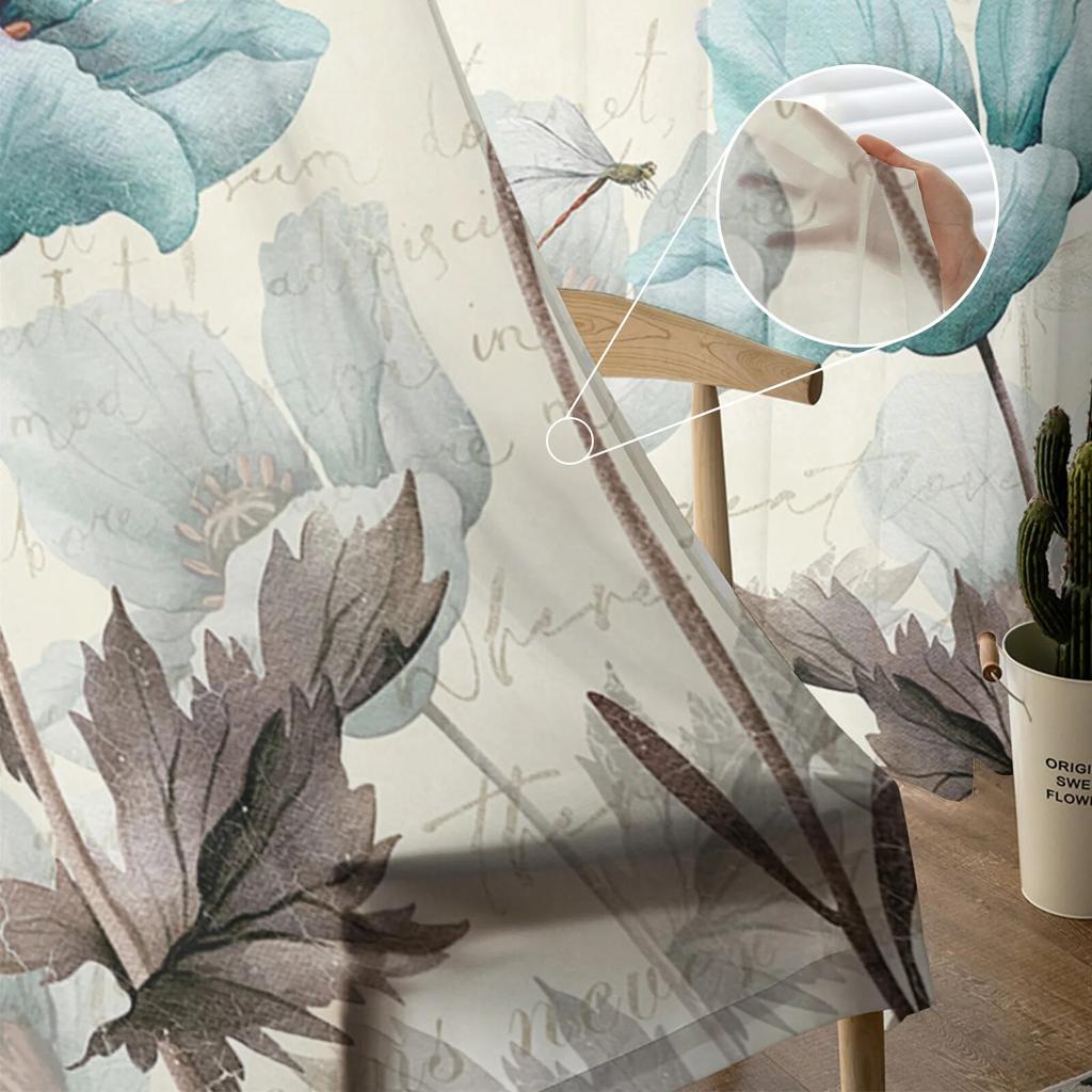 Rustic Vintage Floral Dragonfly Butterfly Sheer Voile Window Curtains Tulle Curtains Living Room Balcony Decoration Drapes