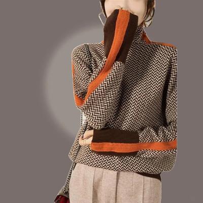 Maglione a collo alto in lana con maniche a contrasto, sciolto e pigro, per donna, autunno e inverno