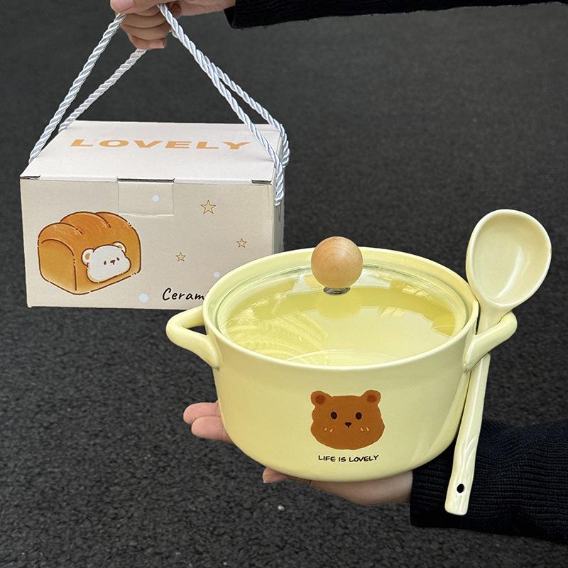 Ins Cream Wind Bear Ceramic Instant Noodle Bowl Student Dormitory Instant Noodle Bowl for Girls Birthday Gift