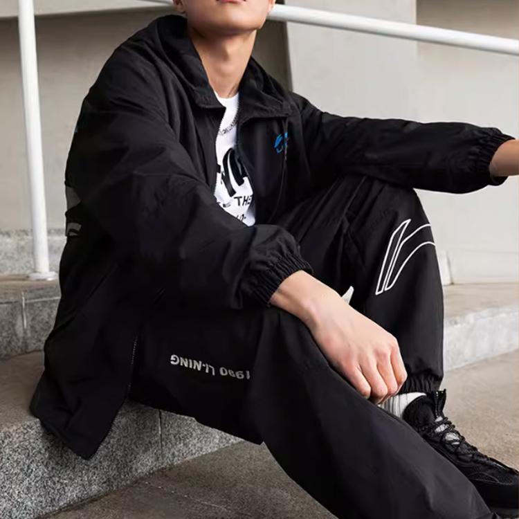 Li Ning Lifestyle Series Solid Color Lace-Up Loose Fit Cuffed Knit Sports Pants Men Bottoms Black AYKU663-1