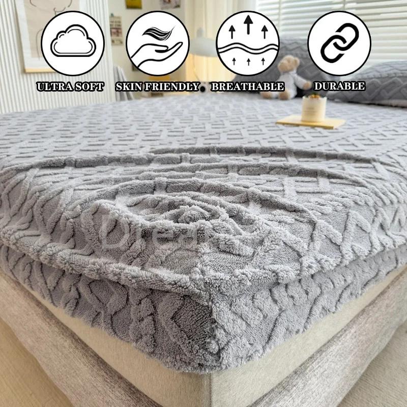 3Pcs Set Warm Mattress Cover and Pillowcase, Solid Color Velvet Bed Fitted Sheet, 3D Embossed Pad Protector, 90/100/180/200x200