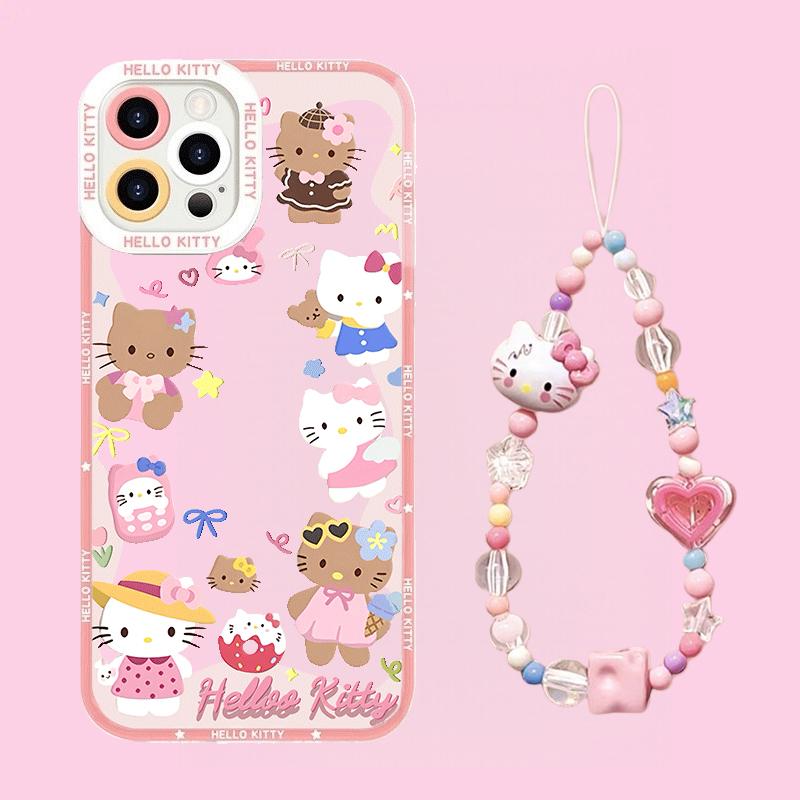 Cartoon Hello Kitty Bracelet Chain Casing For Iphone 17 16 Pro Max 17 Air 15 14 12 13 11 Pro Max X13 Mini 16e 15 Plus Clear Case