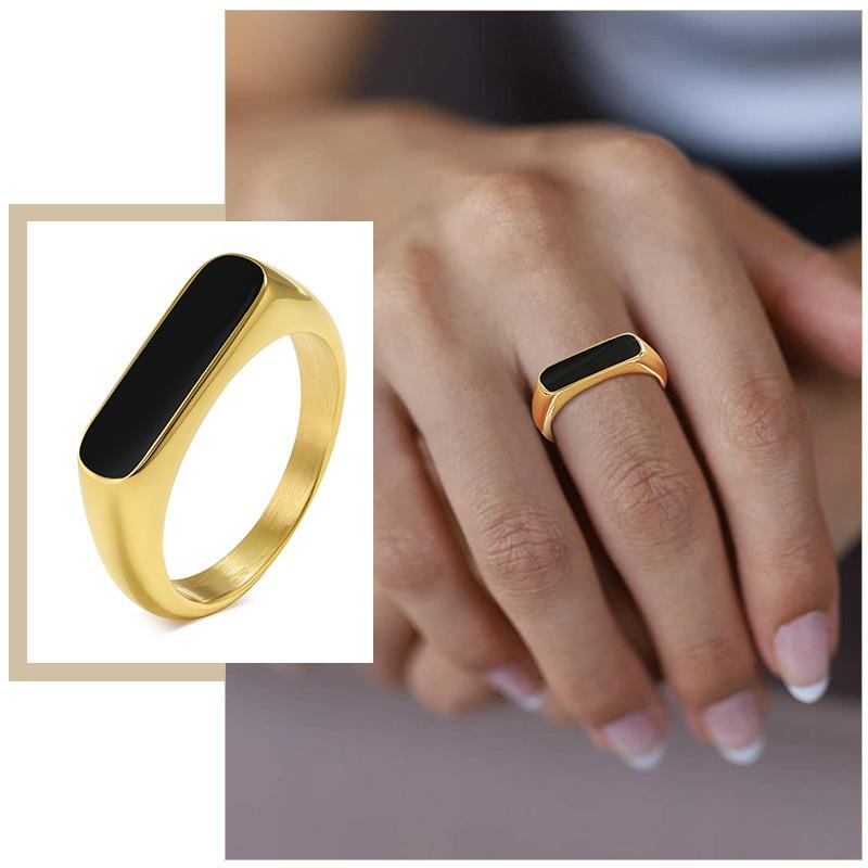 

5mm Women Signet Rings, 24K Gold Color Stainless Steel Geometric Rectangle Top Finger Band, Chic Punk Girls Fashion Jewelry 11