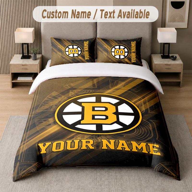 Set Biancheria da Letto Personalizzato Modello Boston Bruins, Stampa Nome Testo 1 Copripiumino più 2 Federe Tessile per la Casa