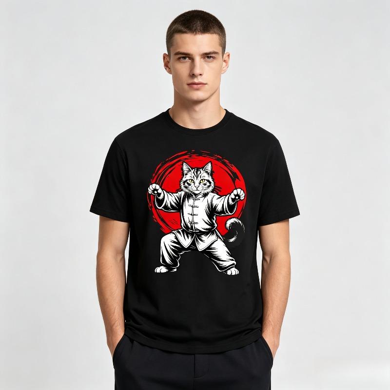 Kung Fu Cat Martial Arts Red Circle Graphic T Shirt Unisex Traditional Chinese Style Animal Print Casual Short Sleeve Tee