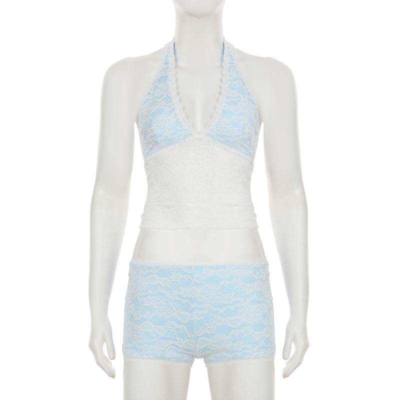 

Elsa European and American Style Sexy Style Bikinis Lace Set Hanging Neck V-neck Small Vest Low Waist Tight Shorts Women Blue S