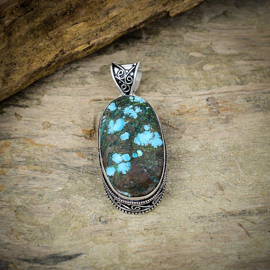 Tibetan Turquoise Gemstone 925 Sterling Silver Jewelry Pendant 2.52" M-43