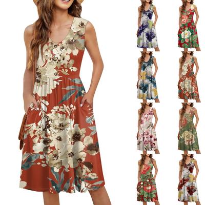 Damen Casual Fashion Sexy V-Ausschnitt Knopf Dekoration Ärmellos Strand Bedrucktes Boutonniere Kleid