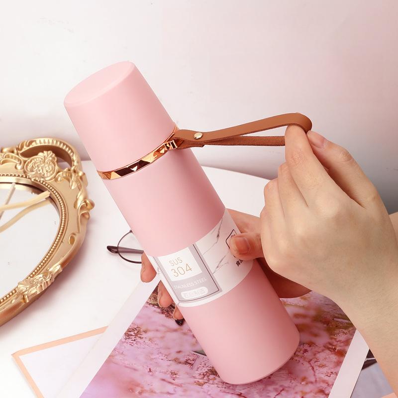350/500ml 304 Stainless Steel Insulated Water Bottle with Leather Strap, Portable Vacuum Thermos for Daily Office Use