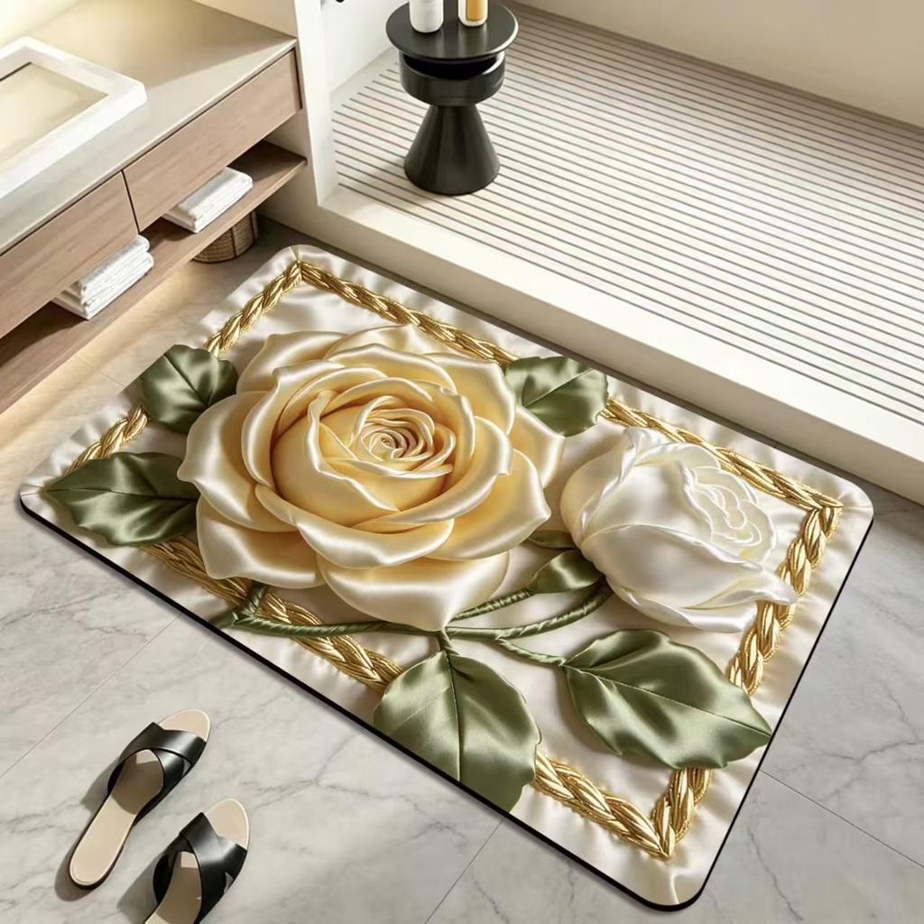 3D Flower Visual Diatom Mud Floor Mat, Household Bathroom Floor Mat, Quick-Drying Water Absorbing Foot Mat, Easy-to-Clean Bath Mat