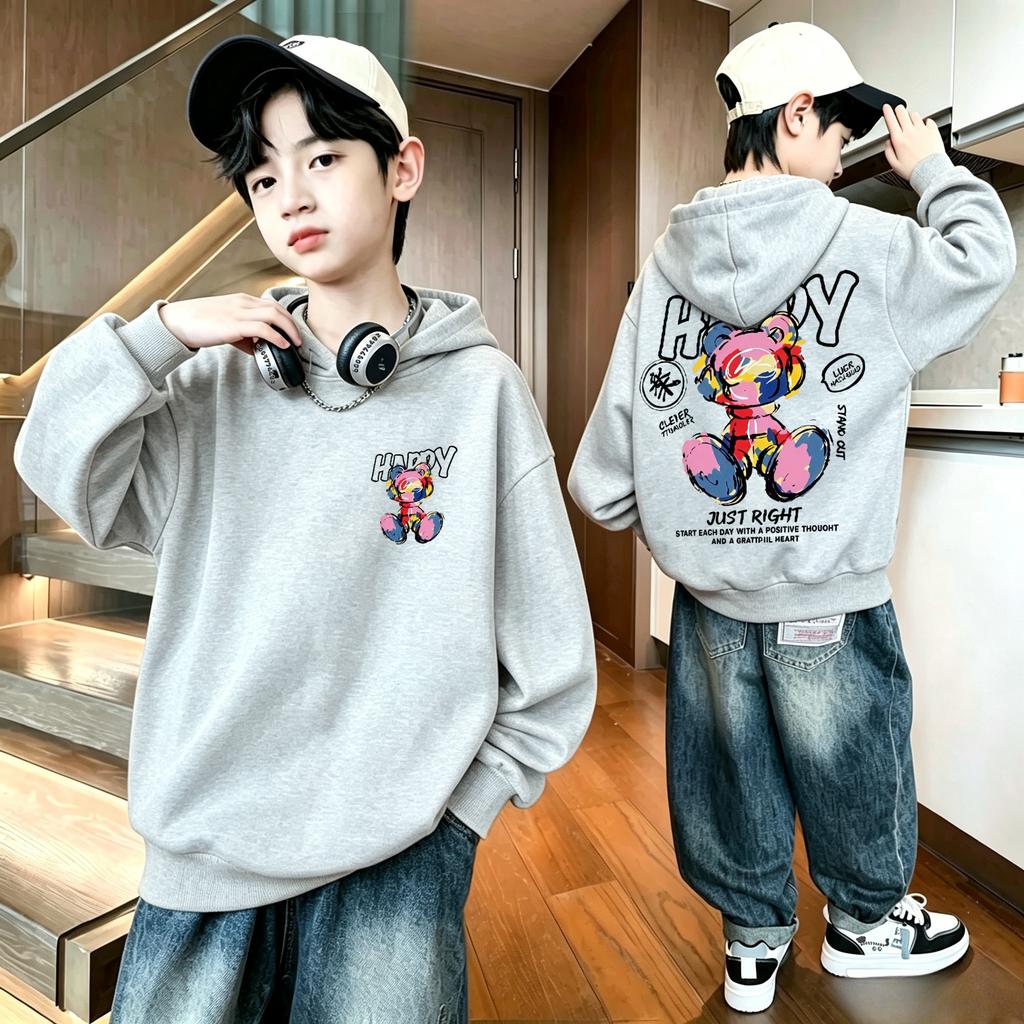 Y2K street fashion children's hooded sweatshirt with retro punk graffiti bear pattern, large-sized toddler warm pullover hoodie