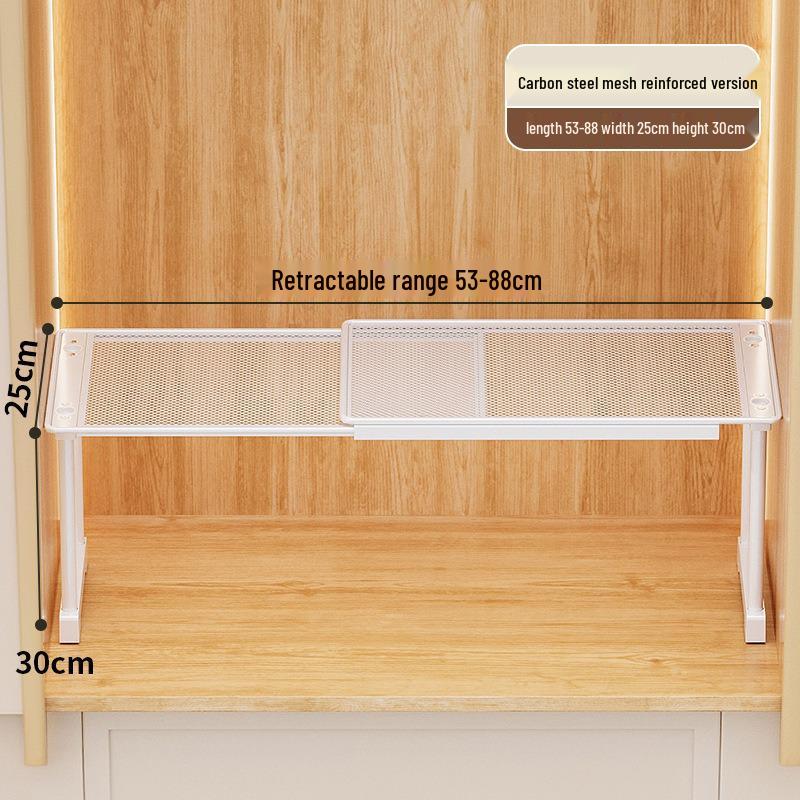 Punch-Free Retractable Kitchen Cabinet Organizer: Iron Art Grid Shelf & Stackable Wardrobe Partition.