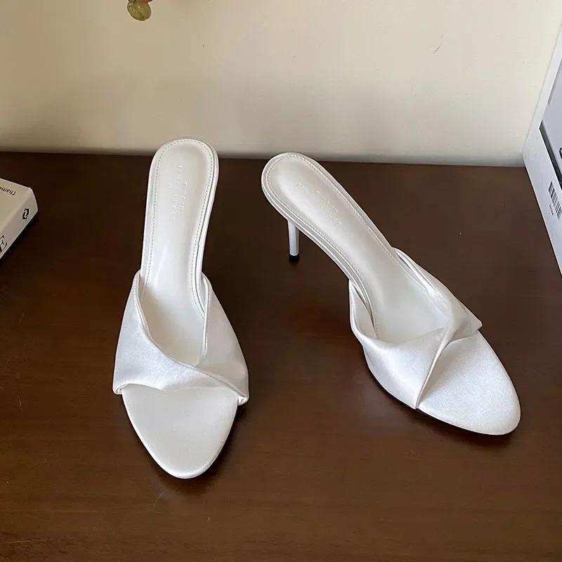 

Высококачественные атласные туфли-шлепанцы на высоком каблуке женские летние сексуальные сандалии-слайды с открытым носком элегантные вечерние туфли-лодочки на тонком каблуке сандалии 35 бежевый