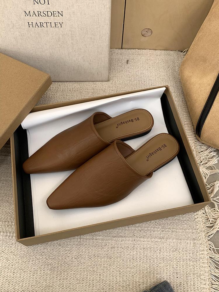 Fashion Comfortable Summer Slippers Mules Soft Leather Pointed Toe Slip On Sandalias Soild Mature Fashion Casual Low-heeled Shoes Mujer