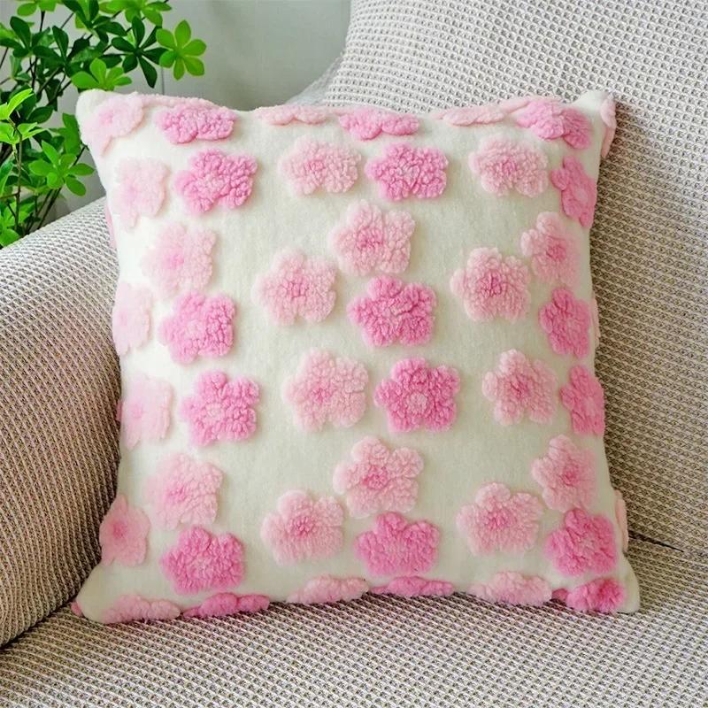 Three-dimensional Flowers Square Pillow Cover Imitation Lambswool Cushion Cover Jacquard Sofa Pillow Case Bedside Cushion Cover