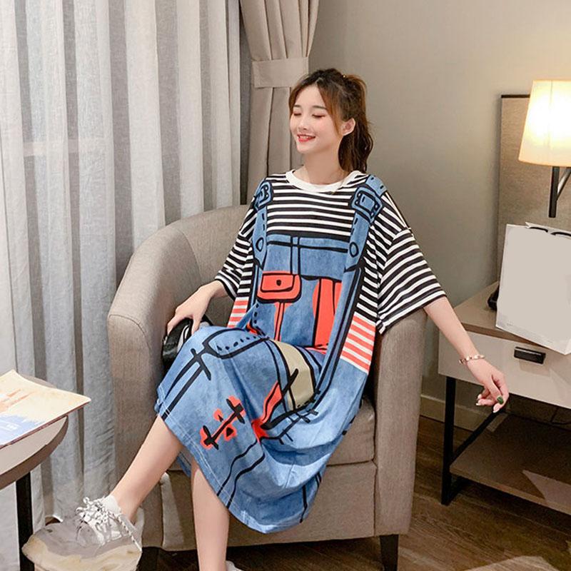 Women T-shirt Dress Plus Size Long Dress Cartoon Home Nightdress