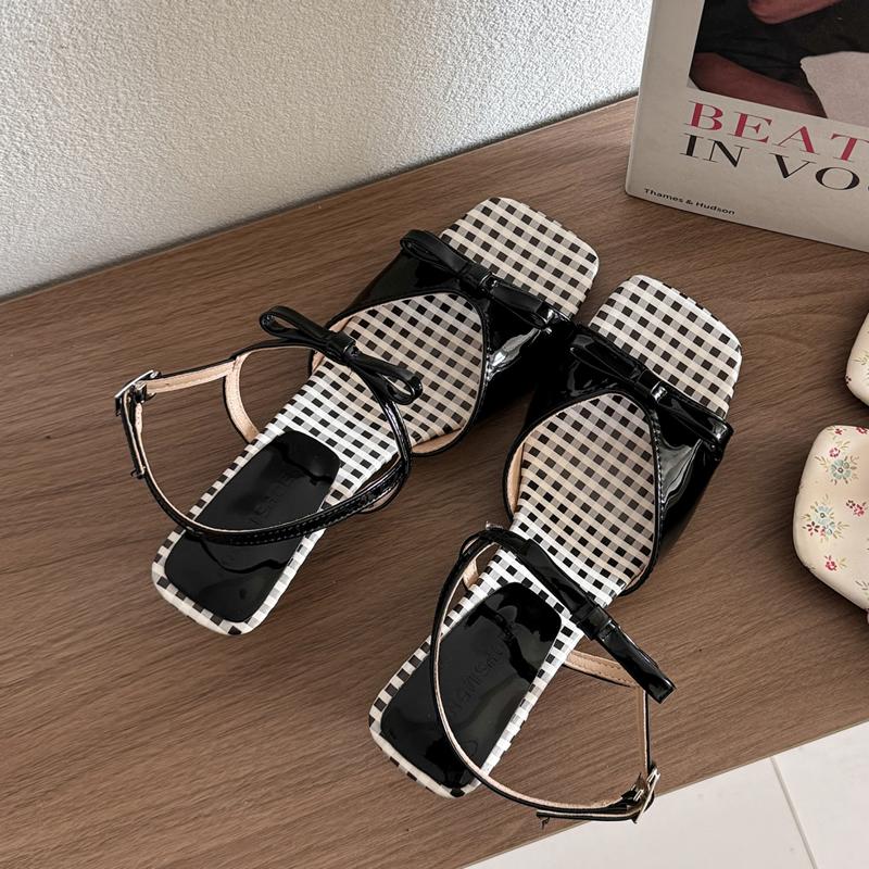 Summer Square Toe Shallow Women Slippers Bow Elegant Mid Heels Shoes Designer Pumps 2025 Trend Fad New Brand Sandalias De Mujer