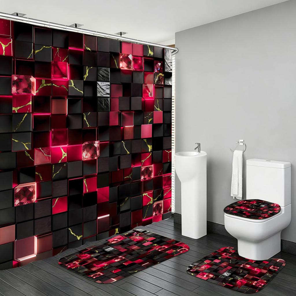 4Pcs Shower Curtain Set with Non-Slip Bath Mat, Toilet Lid Cover, Contour Rug & 12 Hooks, Bathroom