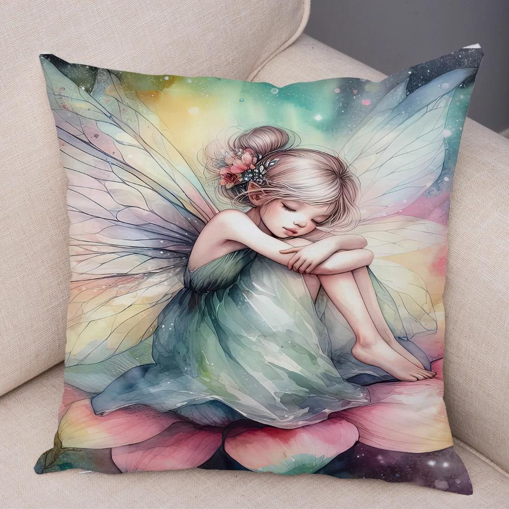 Niedlicher Cartoon Waldmädchen Elfen Kissenbezug Doppelseitig bedruckter Kissenbezug Deko für Sofa Zuhause Superweicher Plüsch Kissenbezug 40x40cm