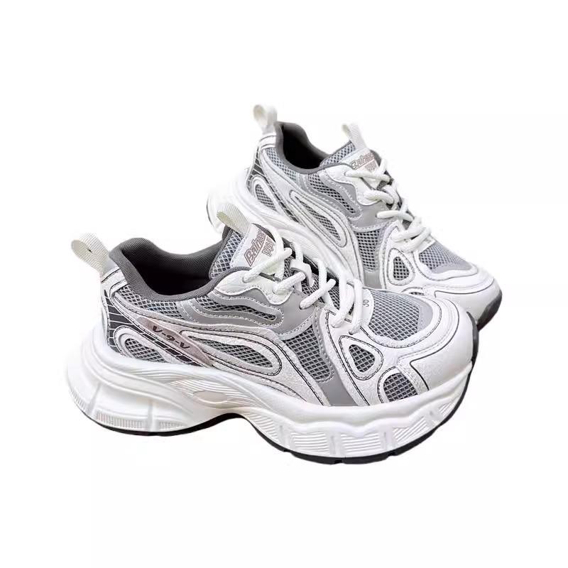 Platform Dad Shoes Women's Spring New Versatile Round Head Leather Mesh Sports and Leisure Shoes