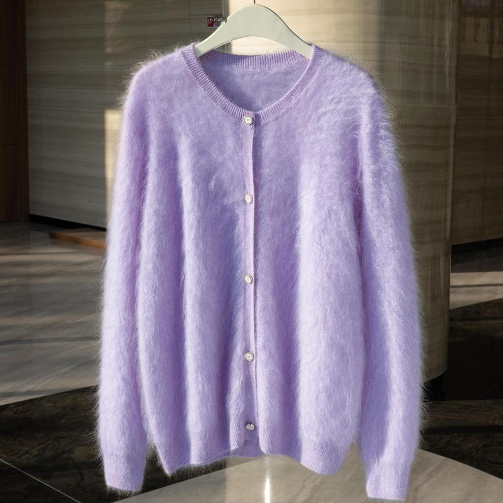Women's Flocked 100% Cashmere Sweater: Stylish Round Neck Knit Cardigan for Autumn/Winter