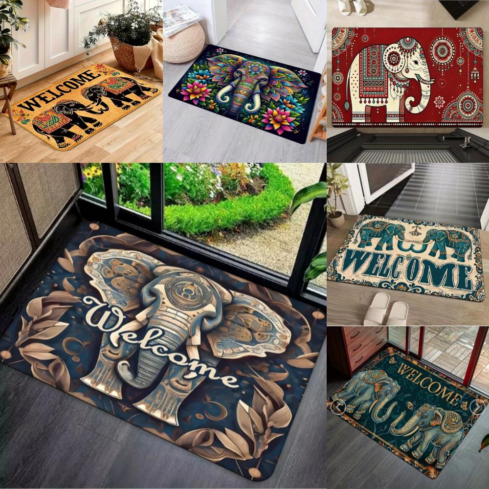 Boho Chic Elephant Print Floor Mat Distressed Look Door Mat for Home Entrance Indoor Hallway Garden, Patio, Balcony Carpet Decor