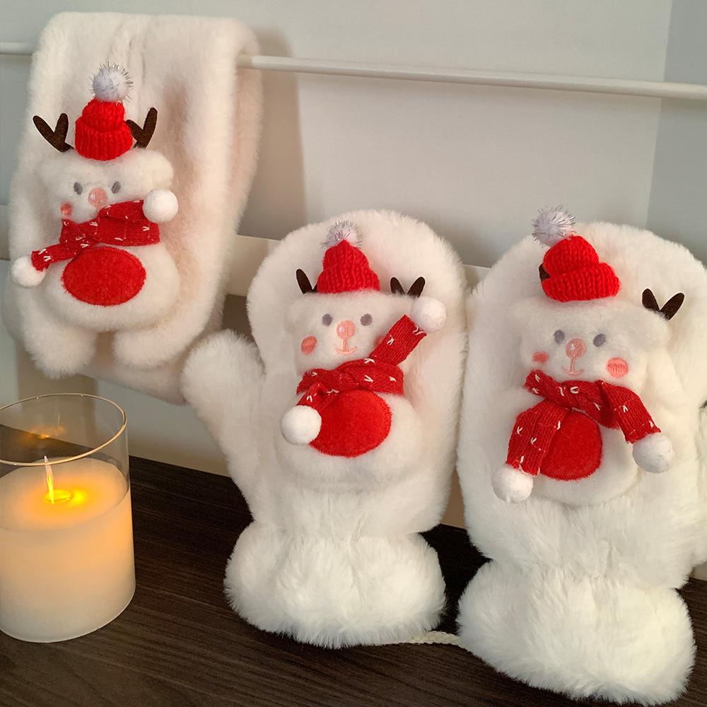 Urocze Świąteczne Małe Bałwanki Pluszowe Rękawiczki Damskie Jesień i Zima Ciepłe Futrzane Odporne na Zimno Szyja Nowy Szalik