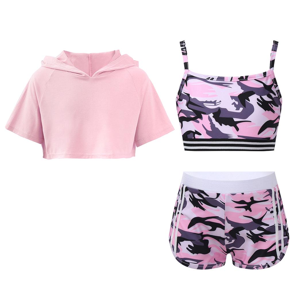 Kids Girls 3 Piece Dance Gymnastic Workout Outfit Short Sleeve Hooded with Crop Tank Top Shorts Sport Tracksuit