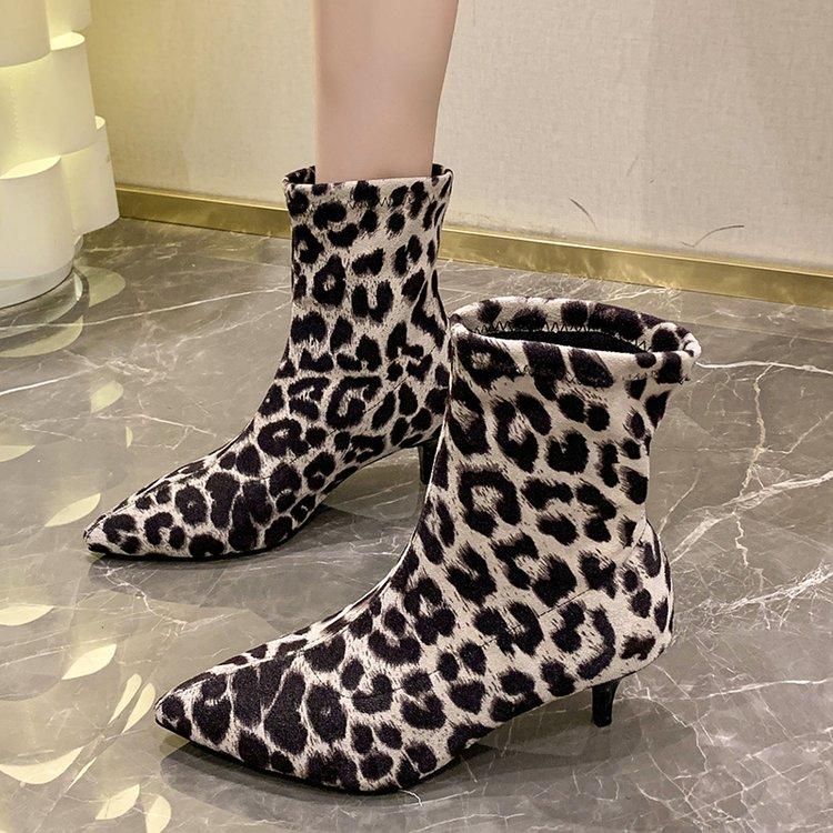 Toe Stiletto Pointed Ankle Boots Fashion Boots Spring Autumn Print Leopard Side Zipper Large Size Mid Heel Ankle Boot Women