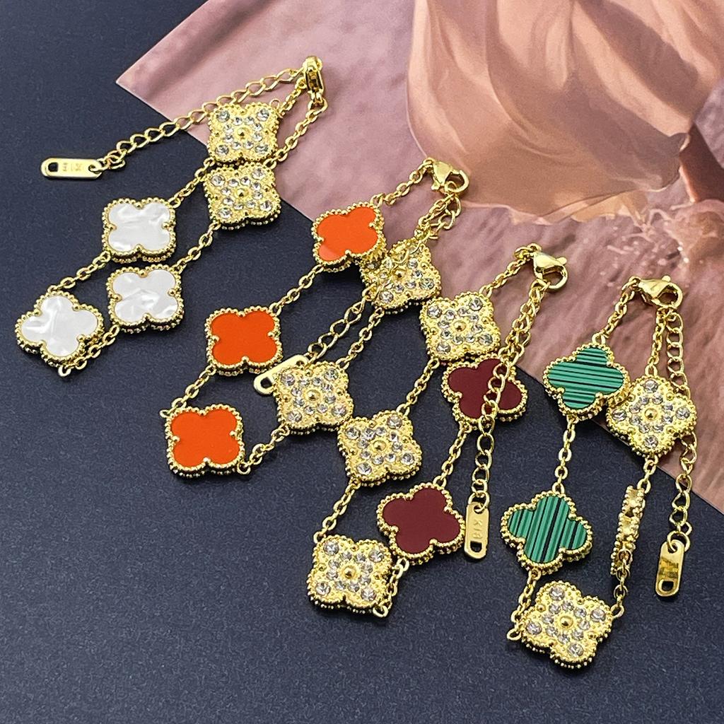 15MM One Side Full of Diamonds and The Other Side Inlaid with Shells Four-leaf Clover Bracelet Vacuum 18K Ladies Bracelet