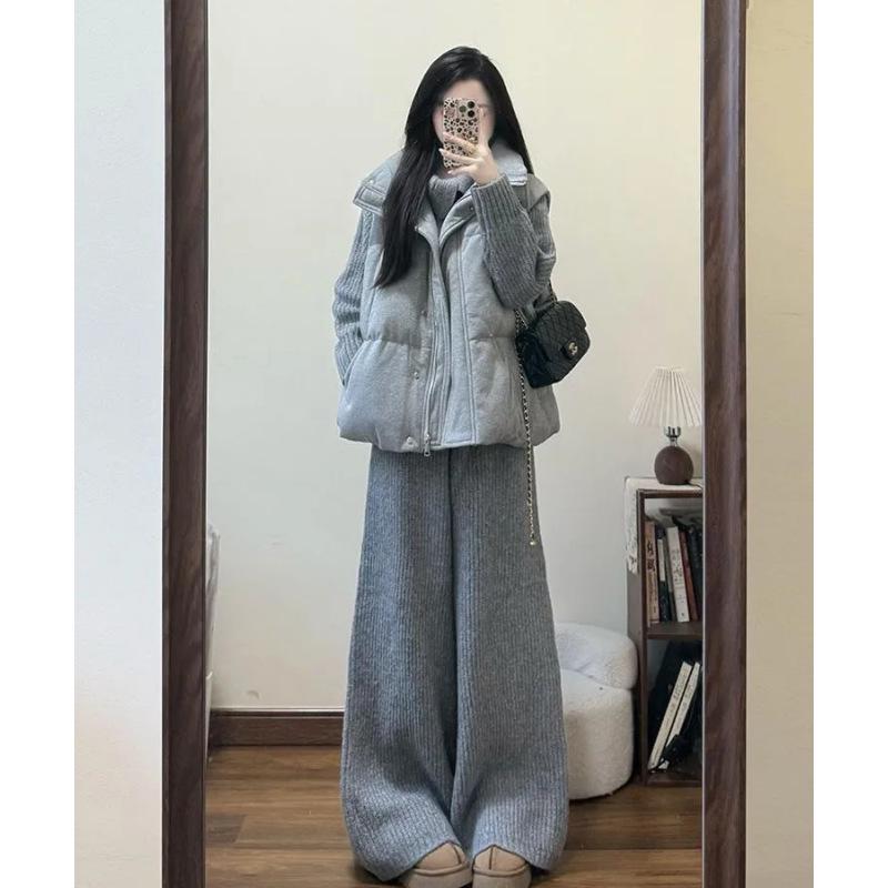 Retro Three-Piece Winter Set: Grey Knitted Cardigan, Warm Cotton Vest, and Cozy Pants