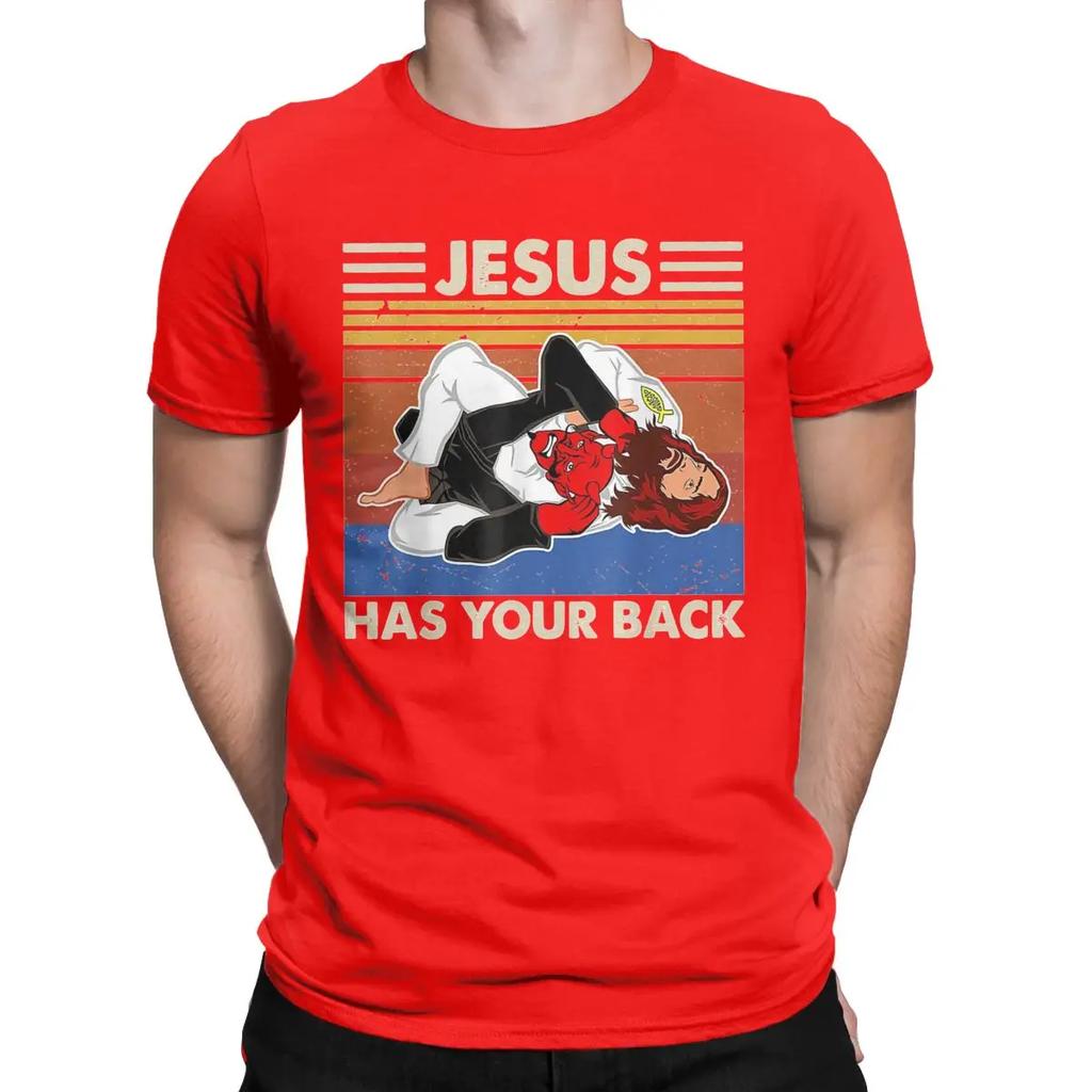 Men Jiu Jitsu Jesus Has Your Back M.M.A Brazilian T Shirts 100% Cotton Tops Vintage Short Sleeve Crew Neck Tees Party T-Shirt