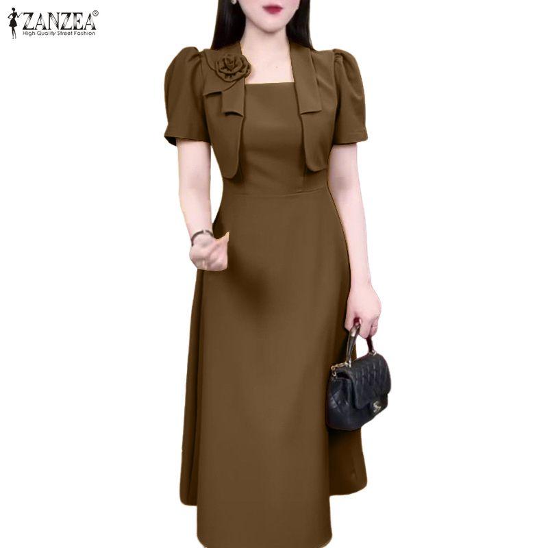 ZANZEA Women Casual Square Collar Summer Short Sleeve Sheath Dress