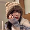 Cute bear wool hat women's winter 2025 popular plush warm fluffy big head circumference knitted hat