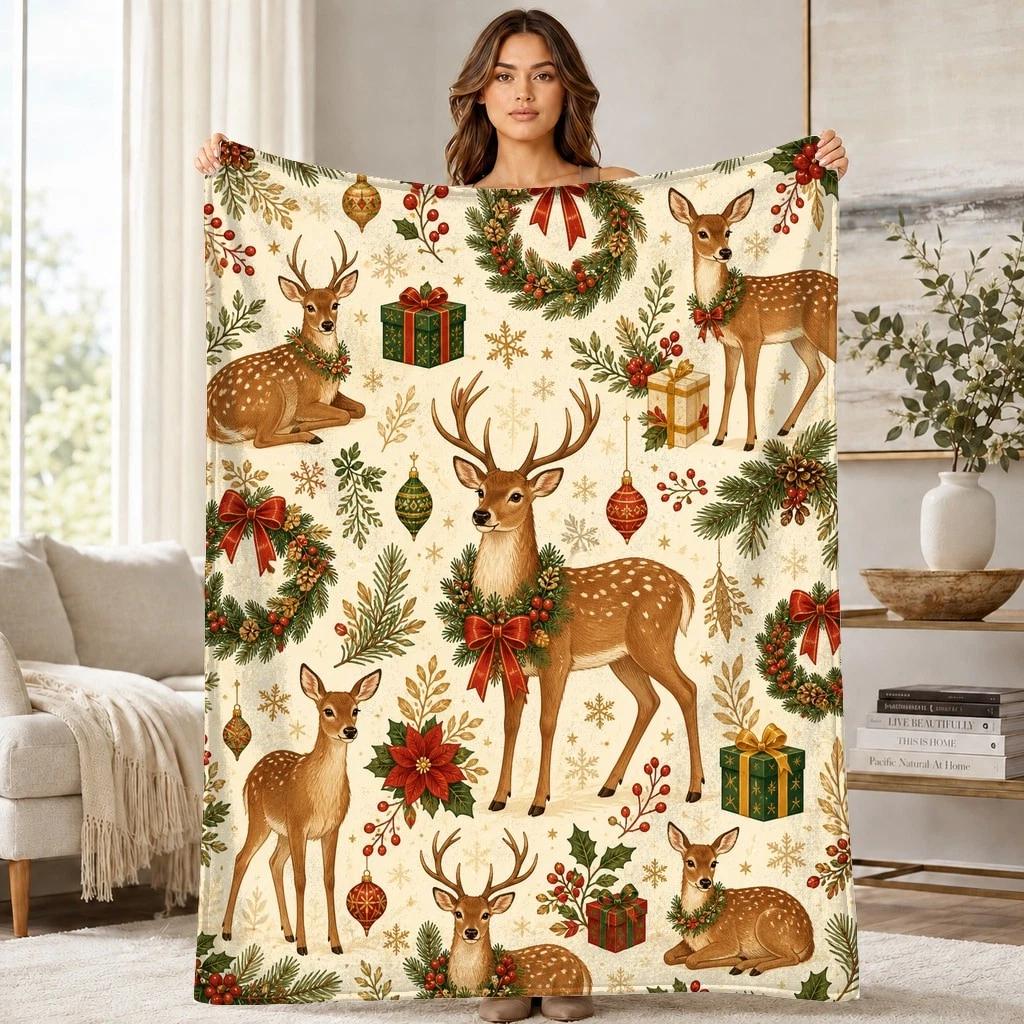 Christmas Woodland Deer Coral Fleece Blanket