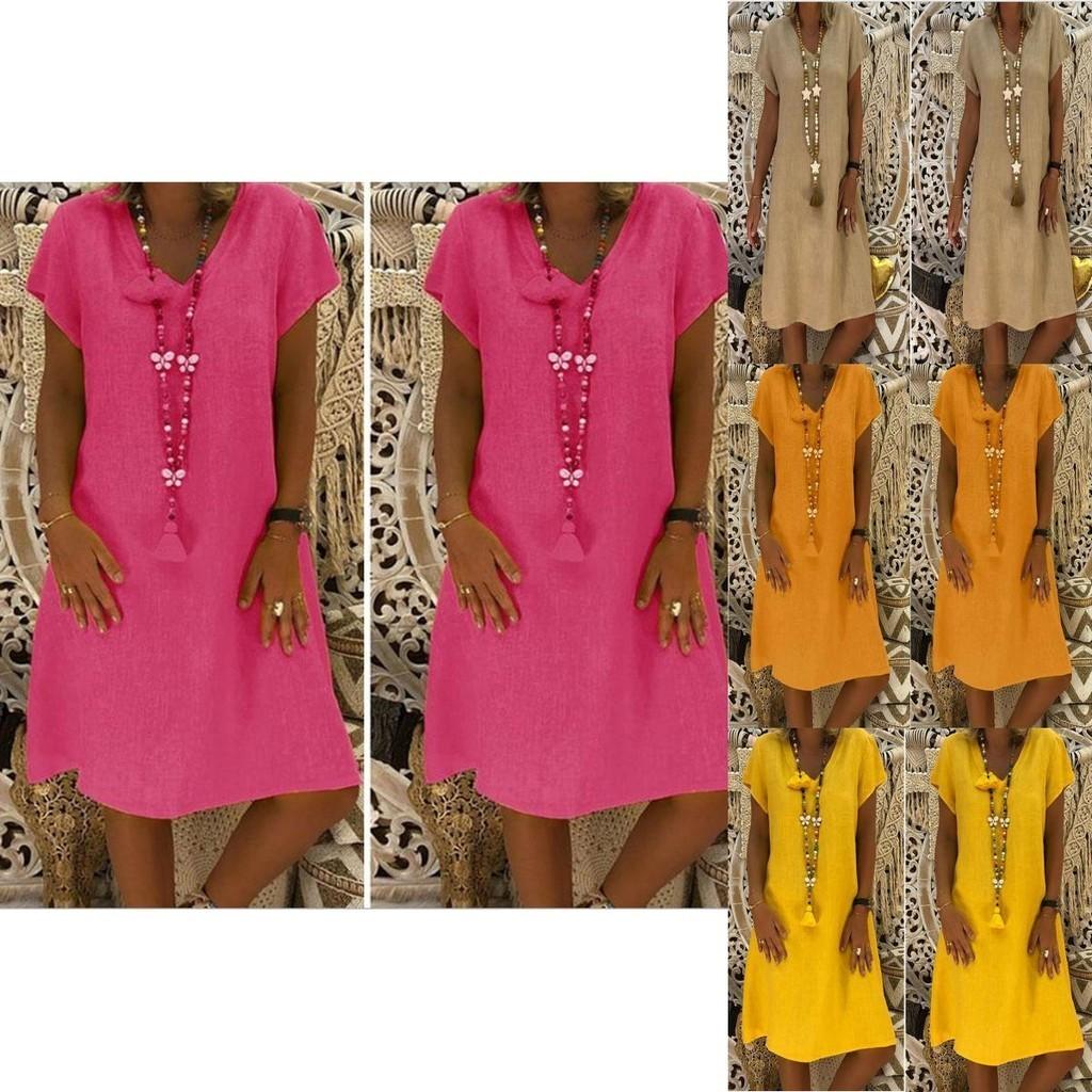 Stylish Summer Women's Short Sleeves V-neck Tunic Midi Dress For Plus Size Fashion