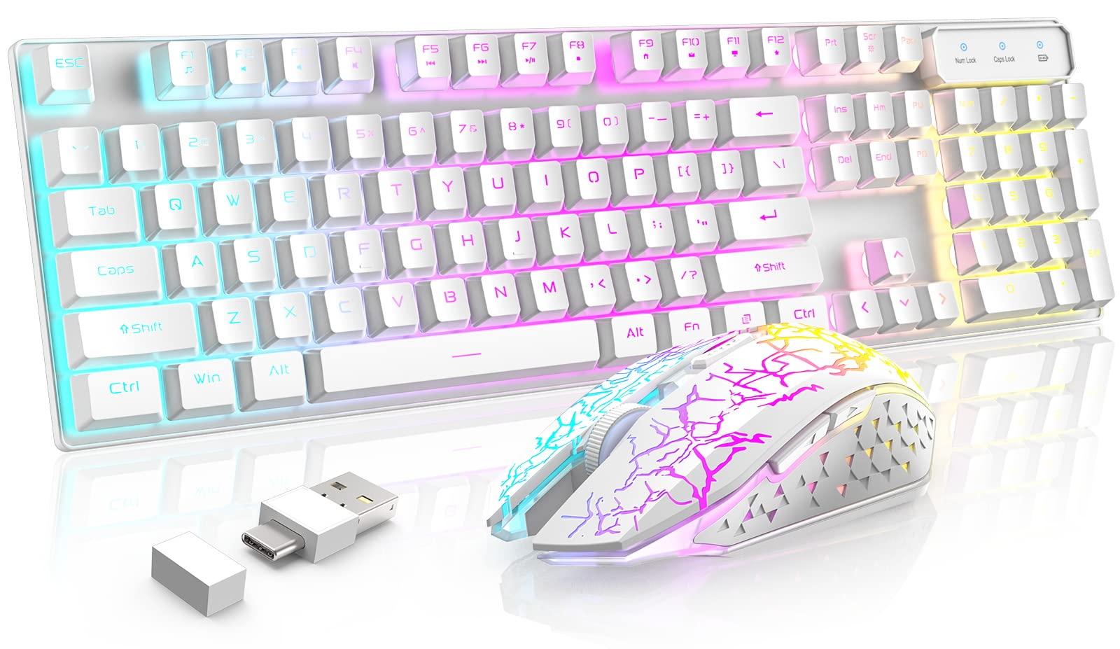 

Бездротова RGB клавіатура та миша MAMBASNAKE T3 Dual Rainbow 4000 Механічна ігрова клавіатура 2400 DPI Ігрова миша Набір килимків для миші, USB/Type-C ресивер, білий